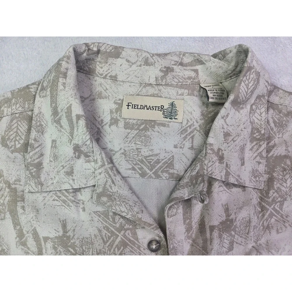 Fieldmaster Rayon Hawaiian Shirt Mens L Beige Tropical Print Button Up Vacation